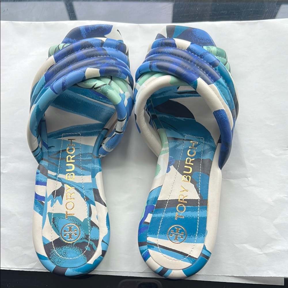 Tory Burch, Kira Quilted Flat Slides, blue gem fields, size 6